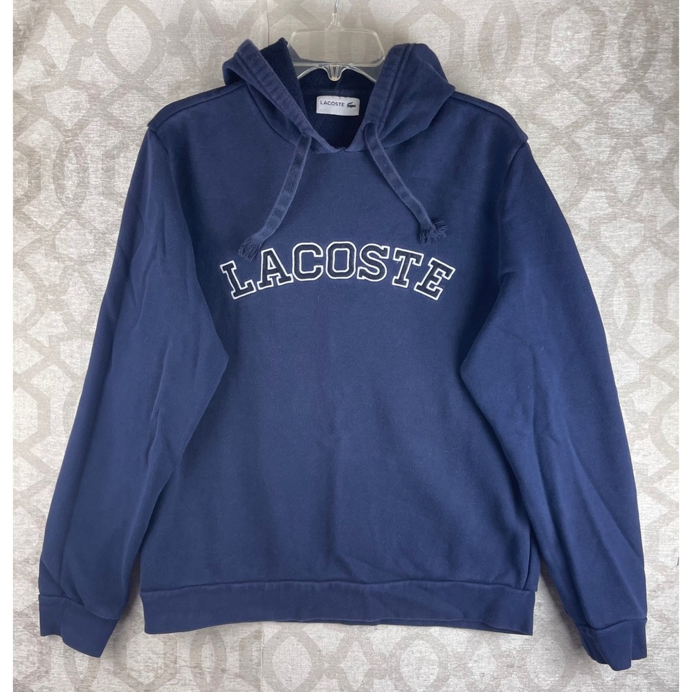 Lacoste Arched Logo Mens Large Navy Blue Pullover Fleece Hoodie Cotton
